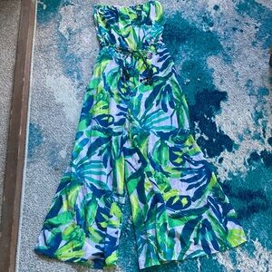 True destinations, turquoise jumpsuit, sleeveless strapless, extra small